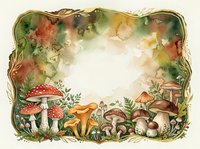 Watercolor autumn forest frame with mushrooms and foliage creates enchanting border for seasonal designs and nature-themed projects.