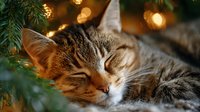 Adorable tabby kitten sleeping peacefully under Christmas tree with warm golden lights creating cozy holiday atmosphere for seasonal greeting cards.