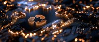 Glowing recycling symbol on circuit board with bokeh lights, representing sustainable technology and electronic waste management.