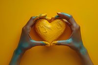 Hands forming heart shape frame around golden textured heart on vibrant yellow background symbolizing love, care, protection and emotional connection.
