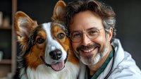 Mature man with gray beard and glasses smiling alongside tricolor border collie dog, showcasing pet companionship and bond between owner and canine.