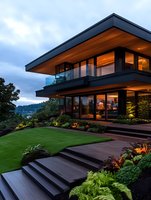Modern luxury house with glass walls and warm lighting at dusk, featuring contemporary architecture, landscaped garden, and wooden accents for real estate marketing.