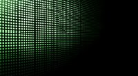 Green glowing dots pattern fading into darkness, creating dynamic perspective effect with diminishing light points on black background. Digital technology concept.