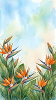 Watercolor tropical bird of paradise flowers with lush green leaves on soft blue and cream background, perfect for cards, prints, and decor.
