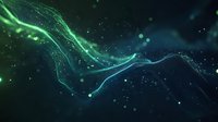 Glowing green and blue waves of light with sparkles and particles flowing through dark space create dynamic abstract background for technology designs.
