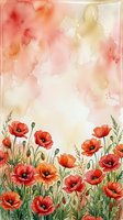 Watercolor red poppy flowers border with soft pink and yellow background for spring greeting cards and botanical designs.