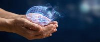 Male hand holding glowing digital brain with neural network connections, representing artificial intelligence, innovation, and technology solutions for business and science applications.