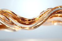 Flowing metallic copper and silver waves create dynamic abstract curves with light reflections and bokeh effects against bright background.