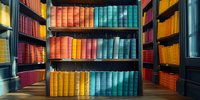Colorful vintage books arranged on wooden library shelves, featuring vibrant spines in coral, turquoise, and yellow tones creating aesthetic composition for reading atmosphere.