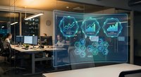 Modern office workspace with holographic data visualization displays showing business analytics charts and graphs for corporate presentations.