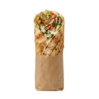 Delicious wrapped tortilla sandwich filled with shredded meat, fresh vegetables and sauce, isolated on white background for food service, restaurant menus and culinary marketing.