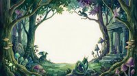 Enchanted forest frame with mystical ruins and lush vegetation creating magical circular border for fantasy storytelling and fairy tale designs.