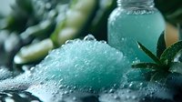 Refreshing turquoise crushed ice with green leaves and glass bottle on dark background. Cooling summer drink concept with water drops and mint garnish.