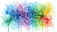 Vibrant watercolor rainbow with intricate line art florals and geometric patterns dripping downward on white background for creative design projects.