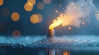 Glowing candle with golden flame on sparkling surface against dark blue background with bokeh lights creates magical atmospheric mood.
