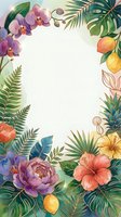 Watercolor tropical floral frame with orchids, hibiscus, peonies, monstera leaves, and lemons, featuring a white center for text or design.