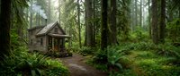 Rustic wooden cabin nestled in dense evergreen forest with moss-covered ground and towering trees, suitable for nature, travel, and lifestyle editorial use.