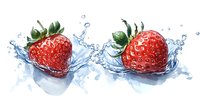 Fresh ripe strawberries splashing into clear water with dynamic droplets creating a refreshing summer fruit concept.