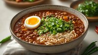 Spicy ramen noodle soup with soft boiled egg, green onions and minced meat in rich broth. Traditional Asian comfort food served in ceramic bowl.