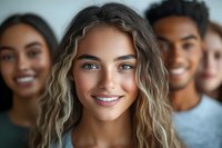 Young woman with blonde wavy hair and bright smile looking at camera, with diverse group of friends standing behind her in soft focus background.