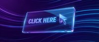 Glowing neon click here button with cursor arrow on dark blue purple background, futuristic digital interface element for web design and technology concepts.