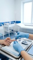 Healthcare professional in blue gloves conducting blood glucose test with digital meter in modern medical clinic room for diabetes monitoring.