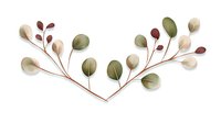 Delicate botanical arrangement with green and beige eucalyptus leaves on copper branches, elegant minimalist floral design on white background for wedding stationery.