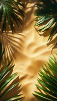 Tropical palm leaves casting shadows on golden sand background, creating natural frame for summer design projects.