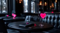 Romantic restaurant table setting with glowing pink heart bokeh effects, empty wine glass, and dark moody atmosphere for Valentine's Day dining experience.