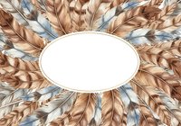 Isolated oval frame surrounded by brown and blue feathers arranged in circular pattern on white background, ready for design projects, invitations, and decorative applications.