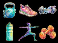 Watercolor fitness clipart set with kettlebell, sneaker, barbell, water bottle, yoga woman, and dumbbells, isolated on transparent background, ready for t-shirts and stickers.