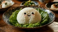 Cute rice ball with kawaii face on lettuce leaf served in traditional Asian ceramic plate. Food art presentation on wooden table creates playful dining experience.