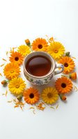 Cup of herbal tea surrounded by fresh yellow and orange gerbera daisies with petals on white background. Perfect for wellness, beverage, and floral design projects.