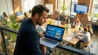 Professional businessman using laptop computer in modern coworking office space with team members collaborating in background during productive workday.