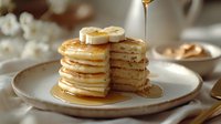 Stack of golden pancakes topped with sliced bananas and drizzled with maple syrup on a ceramic plate for breakfast and brunch dining.
