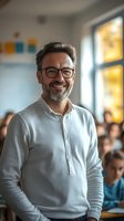 Smiling middle-aged Caucasian businessman with glasses and beard in modern office environment with colleagues in background for corporate presentations.