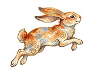 Leaping rabbit with ornate floral and wave patterns in warm watercolor tones, isolated on transparent background, ready for stickers, sublimation, and print on demand.