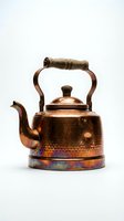 Vintage copper tea kettle with wooden handle isolated on white background for kitchen and home decor designs.