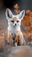 Young fennec fox kit sitting among desert vegetation with warm golden light and soft bokeh background creating peaceful wildlife portrait.