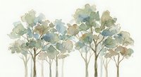 Watercolor forest grove with delicate green and brown trees on cream background. Soft botanical illustration for nature-themed decor and design projects.