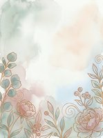 Soft watercolor background with gold line art flowers and leaves in pastel pink, green, and peach tones, perfect for wedding cards.