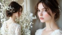 Young Caucasian bride with natural makeup and romantic updo hairstyle adorned with baby's breath flowers wearing white lace wedding dress against soft light background.