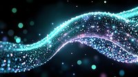 Glowing turquoise and purple wave of particles flowing on dark background with bokeh effect creates magical atmosphere for technology and science designs.