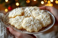 Delicate snowflake sugar cookies with white royal icing on vintage plate against blurred Christmas lights background, held by hands in cozy winter setting.