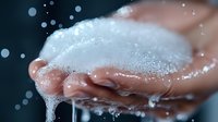 Hands with soap foam and bubbles against dark background, washing with water drops and splashes in dramatic lighting for hygiene concept.