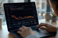 Financial market analysis on laptop screen showing trading charts and graphs. Trader monitoring stock market data and price movements in dark mode interface.