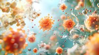 Orange spherical virus cells floating in turquoise fluid with detailed molecular structure and particles, scientific microscopic view in soft focus for medical research.