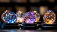 Luminous crystal balls in blue, purple, and amber colors on display stands with bokeh background create magical atmosphere for spiritual and decorative concepts.