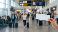 Hand holding blank white card in busy airport terminal with travelers and departure boards in background for travel advertising.