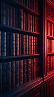 Antique leather-bound books arranged on wooden shelves with dramatic red and blue neon lighting, creating moody atmosphere for library, bookstore, education, and knowledge-themed projects.
